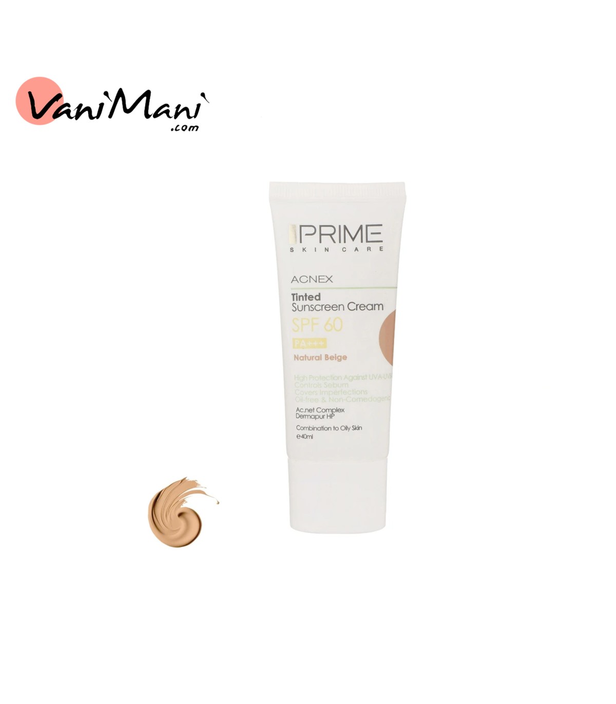 کرم ضدآفتاب رنگی پژ طبیعی پوست چرب مختلط پرایم مدل Acnex Beige SPF60 PRIME حجم 40 میلی‌لیتر