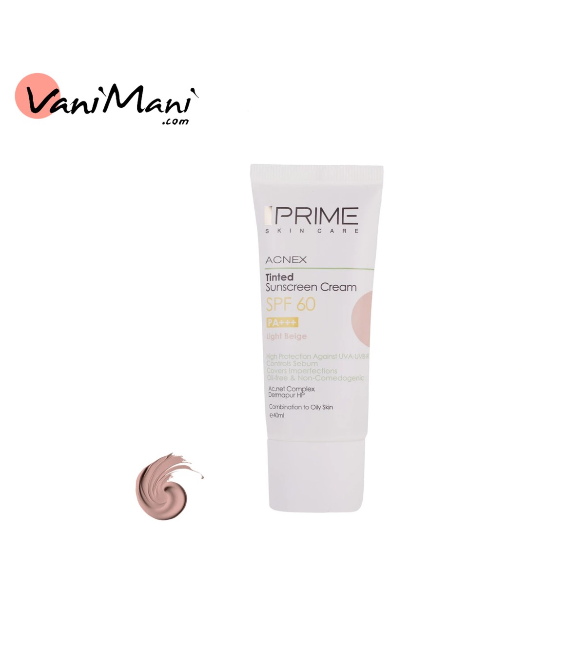 کرم ضدآفتاب رنگی پژ روشن پوست چرب مختلط پرایم مدل Acnex Beige SPF60 PRIME حجم 40 میلی‌لیتر